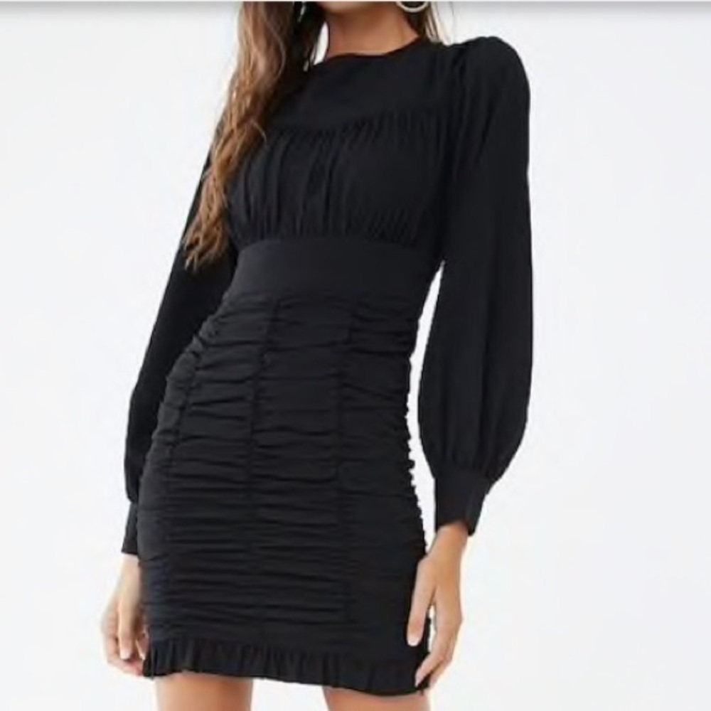 COPY - COPY - LBD Little Black Dress Ruched Mini Dress Long Sleeve